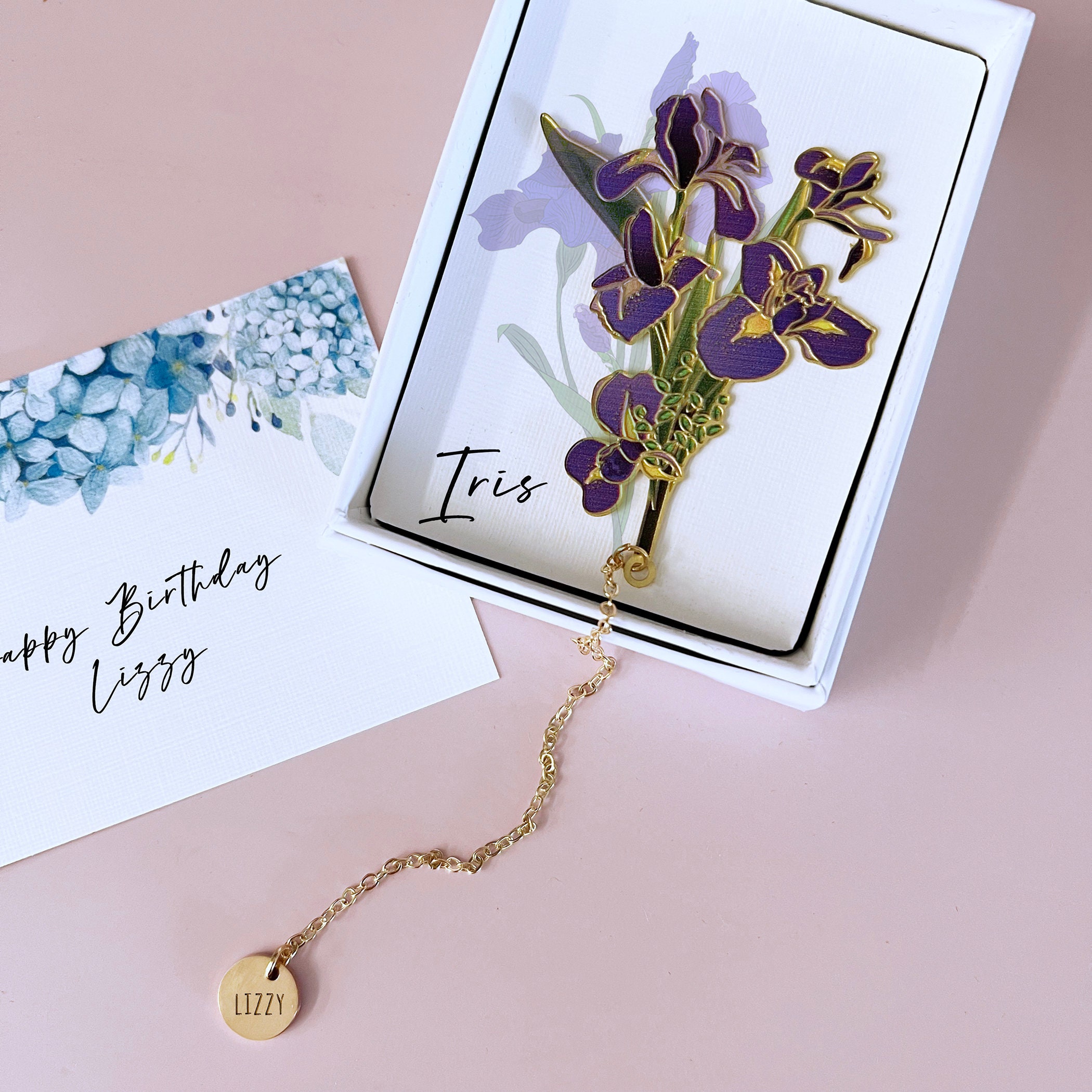 Iris Birth Flower Enamel Bookmark Engraved With Initials