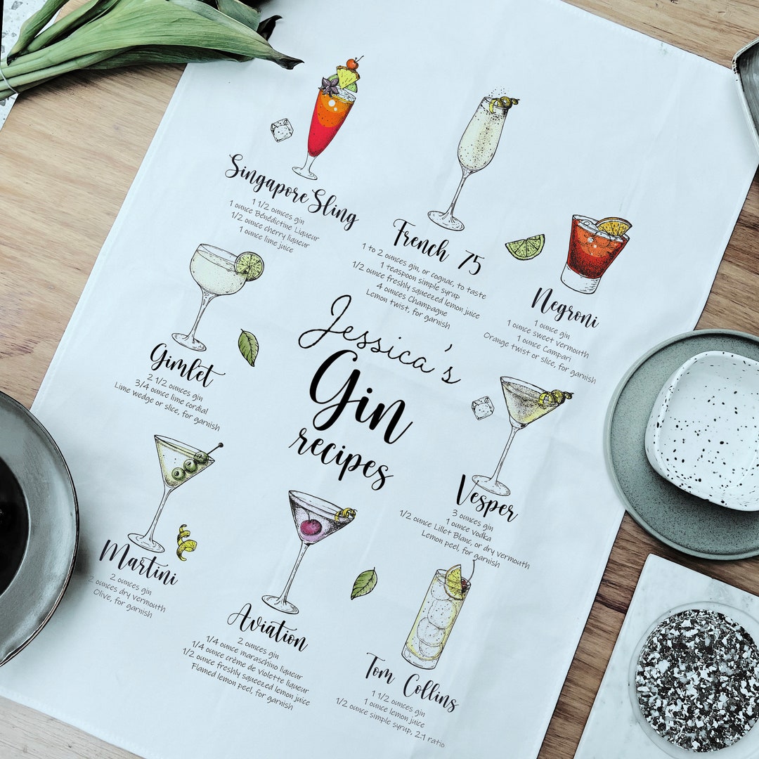 Personalized Gin Cocktails Bar Towel, Martini, Gimlet, Gin & Tonic  Cocktails, Tropical Drinks, Bartender Kitchen Towel, Home Bar Drink Menu 