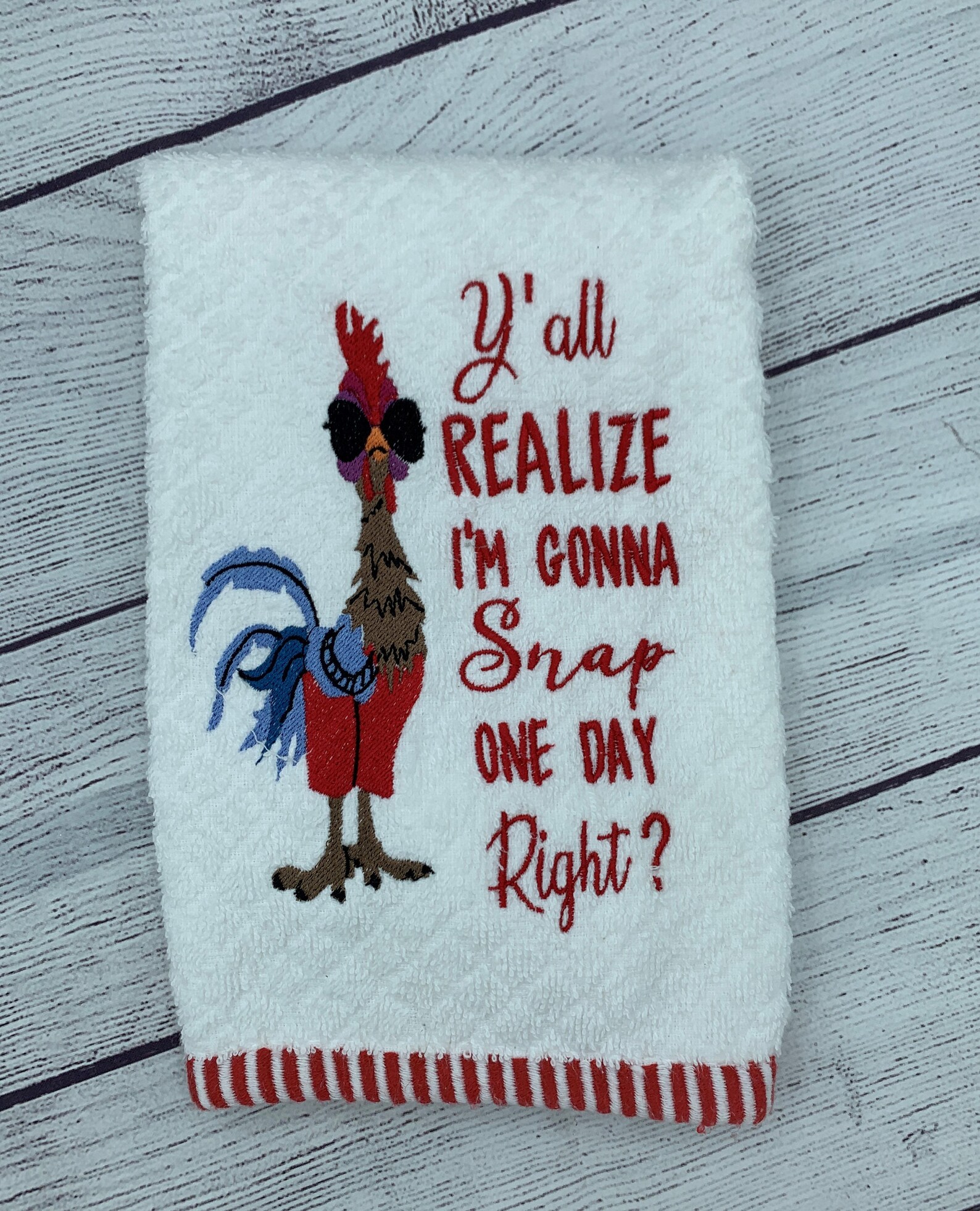 Humorous Chicken Hand Towel//white With Red Trim//embroidered Etsy