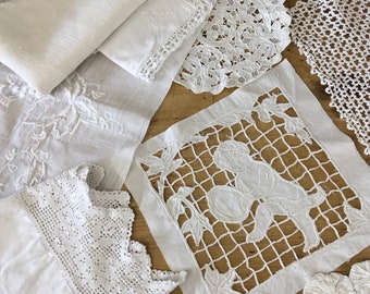 Project scrap pack reworking white linen, cherub, doilies, cotton pieces for craft patchwork, journaling, sewing projects