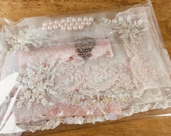 New and vintage lace, beaded, sequinned pieces, pack for incorporating into art projects, patchwork, craft
