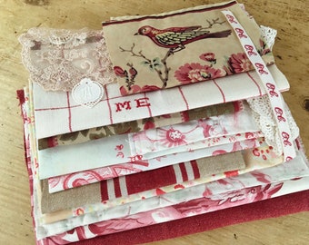 Vintage bundle Fabric toile, floral, linen, lace, bits and pieces for craft patchwork project pieces