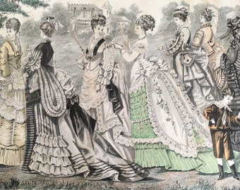 Large Vintage, antique 19th century ladies fashion illustration for crafts, displays, framing projects