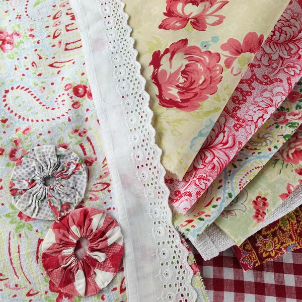 Vintage French, English floral, paisley, bundle fabric pieces for smaller projects crafts