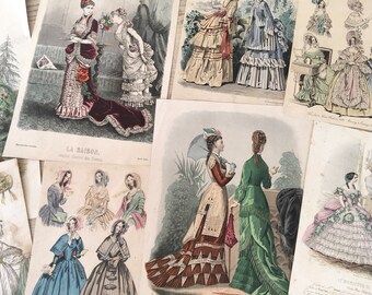 19th century collection of 10 fashion illustrations, pictures, fashion pages for framing, scrap booking, craft projects, displays