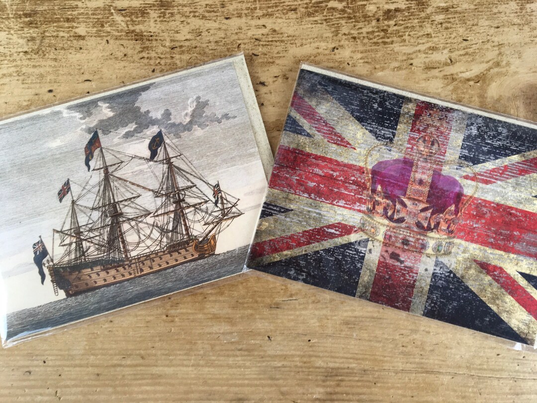 2 Blank Greeting Cards, Eco Friendly, Ship and Union Jack, Ideal for