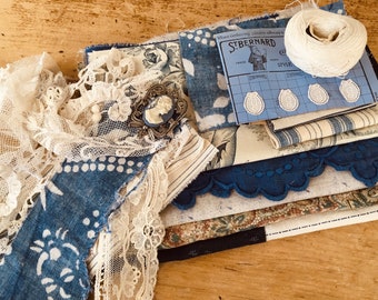 Paquete de chatarra vintage desgastado por el tiempo Fragmentos de tela, piezas de encaje para proyectos de patchwork artesanal, costuras lentas, diario