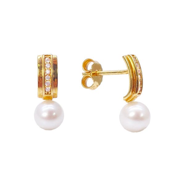 22ct Yellow Gold Freshwater Pearls Cubic Zirconia Drop Stud Earrings  Length
