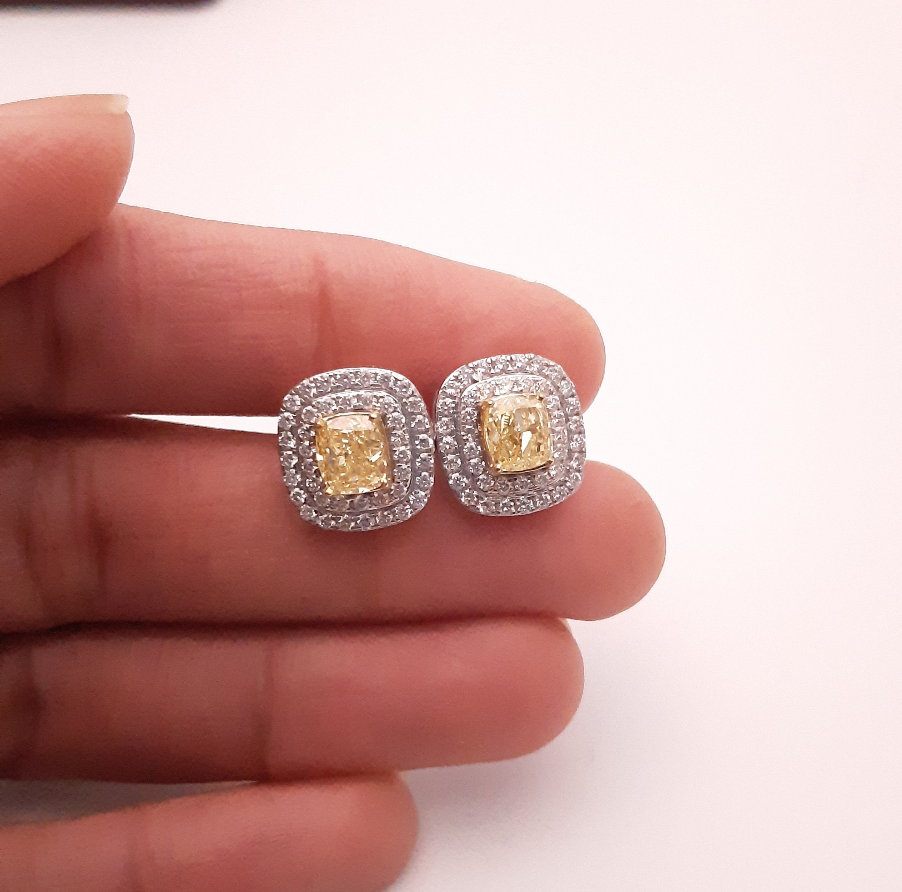 18Carat Yellow Diamond Cushion Cut Double Halo Stud Earrings | Etsy