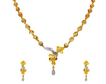 Halsband och örhängen i 22 karat gult guld med blommig kubisk zirkonia i tvåfärgat utförande (35 cm)