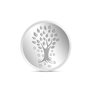 Puede incluir: Un botón circular de tono plateado que presenta un diseño grabado de un árbol con múltiples hojas y pequeñas formas circulares dispersas alrededor de la base. La superficie tiene un acabado metálico liso con un borde elevado alrededor.