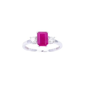 18ct White Gold Natural Emerald Cut Ruby & Round Diamond Trilogy Ring 1.45ct