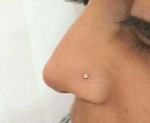 Vertical Style 4 Stone White CZ 14k Real Gold Indian nose ring Push Pin |  eBay