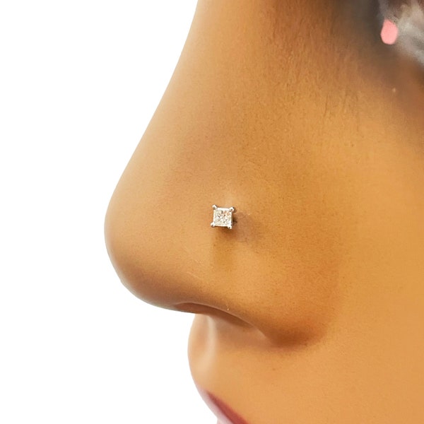 Diamond Nose Stud / Nose Pin 18ct White Gold 0.02 cts Princess cut 2.0mm