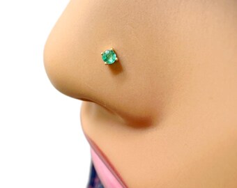 18ct Yellow Gold & Green Emerald Nose Stud / Nose Pin 0.02 Carats 4-claw 2.0 Mm