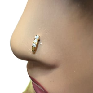 22ct Yellow Gold & Cubic Zirconia Half Hoop Nose Ring Stud Straight Bar 3 Stone