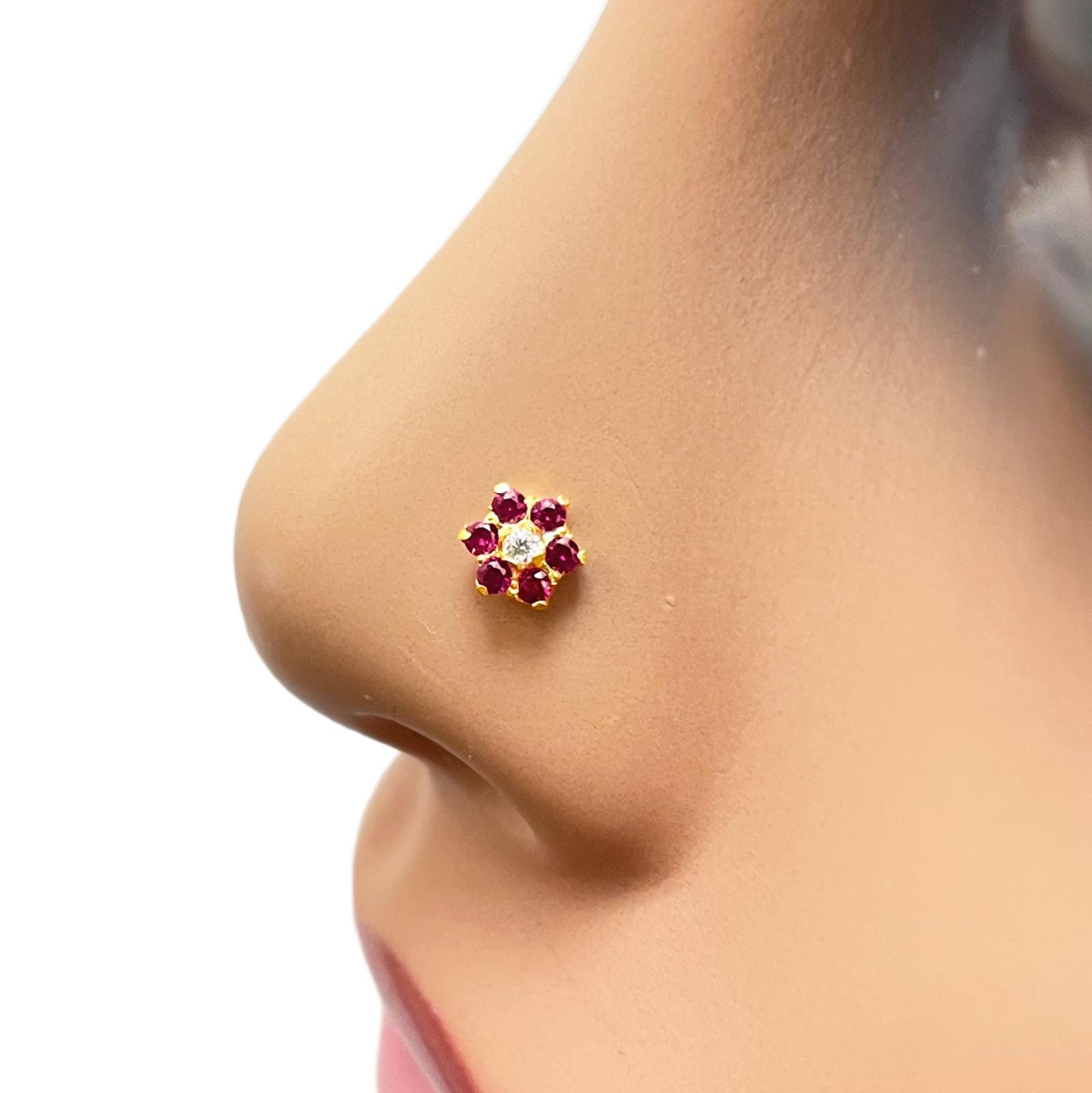 22ct Yellow Gold Floral Red Cubic Zirconia Nose Pin/stud 5mm Width