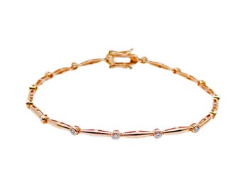 Pulsera de bambú con diamantes naturales redondos de oro rosa de 18 quilates, 0,50 ct, 7 pulgadas