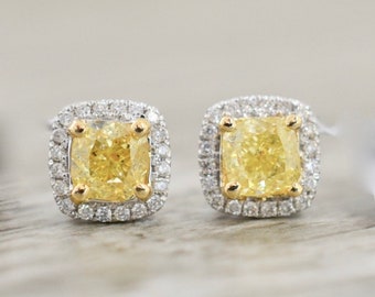 18carat Fancy Yellow Cushion Diamond Halo Earrings in Yellow gold 2.40cts