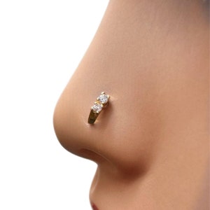 22ct Yellow Gold & Cubic Zirconia Half Hoop Nose Ring Stud Straight Bar 2 Stone | Nose Piercings With Screw Back | Nose Pin