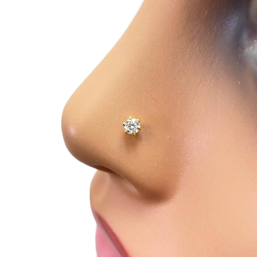 OUFER Body Piercing Nose Piercing Stud 9K Solid Yellow Gold Claw Set Round Crystal Stone 22 Gauge L Bend Nose Stud Piercing Jewellery