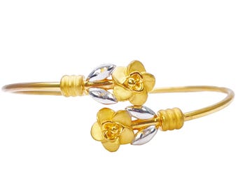 Freecus Flower Bangle (Gold)【Luxe】 22ct Yellow Gold Two-tone Ladies Flower Flexible Bangle Bracelet