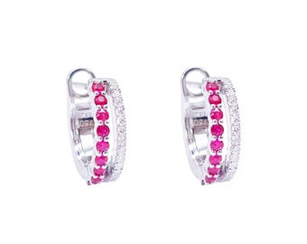 2.2mm天然ダイヤモンド＆ルビーフープピアス。14K 18Kソリッドゴールド 