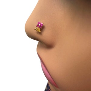 22ct Yellow Gold Nose Stud With Four Natural Ruby Stones / Stylish Nose Pin, Suitable For Adults And Children