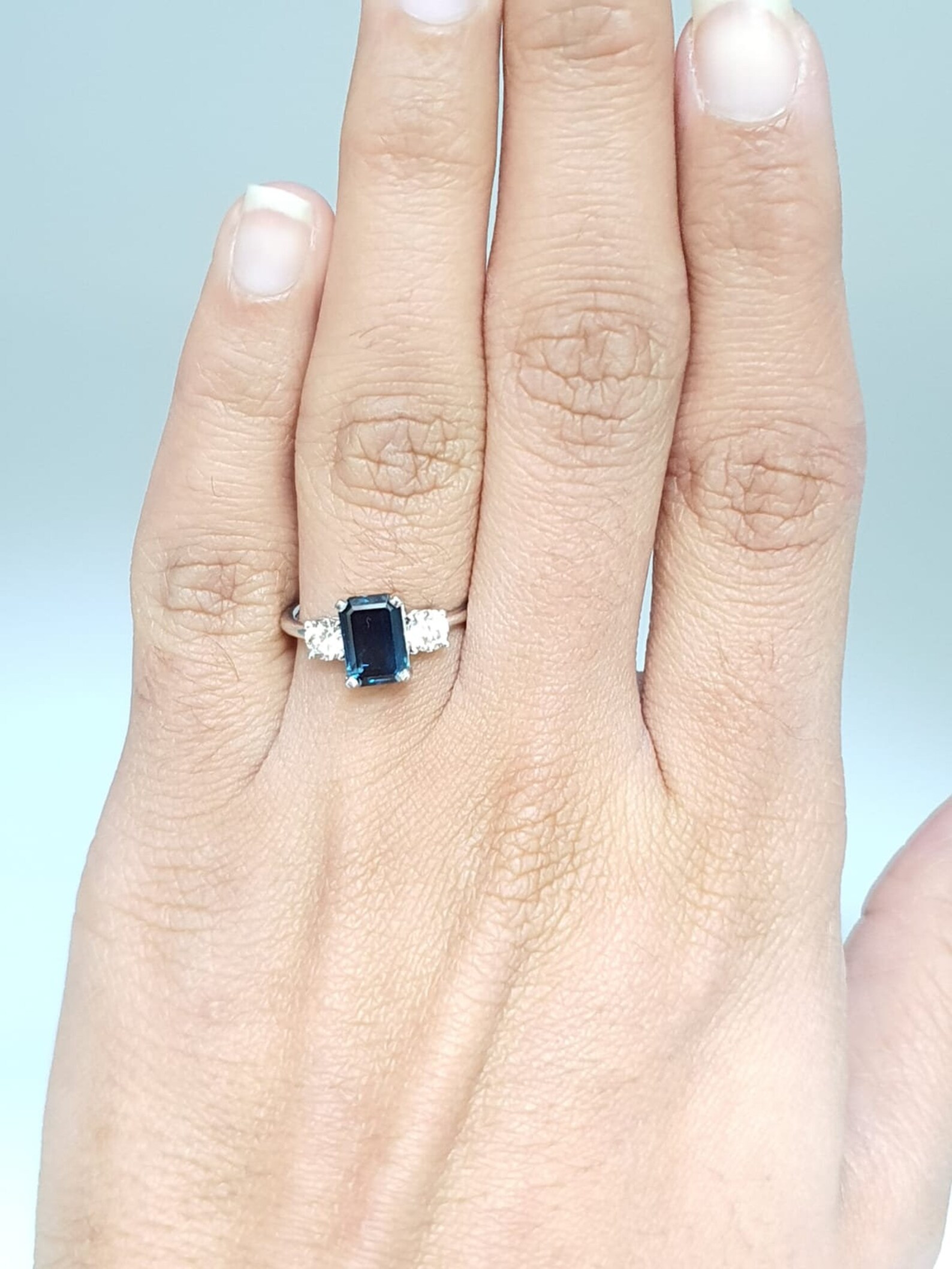18K Emerald Cut Blue Sapphire & Diamond Trilogy Ring 2.23 Etsy