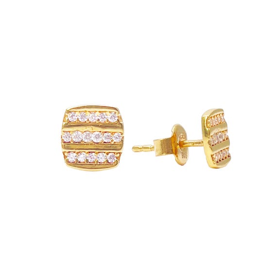 22ct Yellow Gold Square Three Row Cubic Zirconia Button Earrings Set 7mm  Length