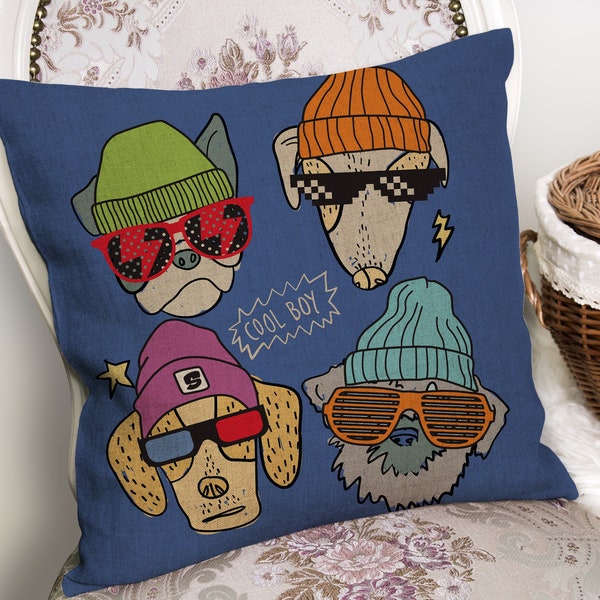 Cool Boys Dogs Hipster Hats Glasses - Cushion Cover with or without Pad Inner