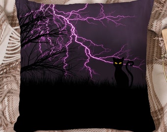 Spooky Cat Lightening Tree Halloween - Cushion / Pillow Cover / Panel / Fabric