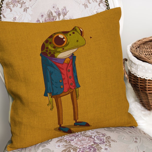 Handsome Smart Frog - Illustration drawing - Cushion Cover with or without Pad Inner