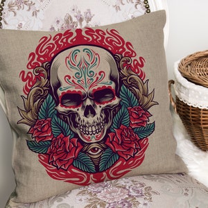 Decrotive Skull Skeleton floral Roses - Cushion Cover with or without Pad Inner