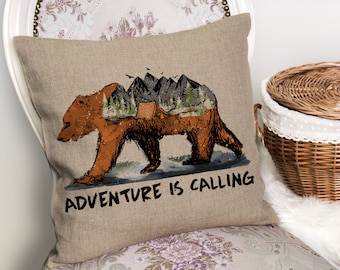 Adventure is Calling Girzzly Bear Camping Wild Nature - Cushion Cover with or without Pad Inner