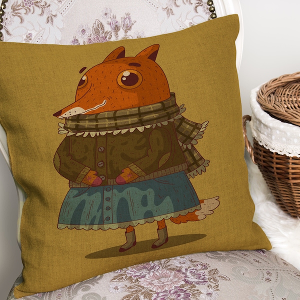 Girl Fox - Illustration drawing - Cushion Cover with or without Pad Inner