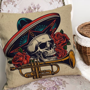 Trumpet Skull Skeleton floral Roses - Cushion Cover with or without Pad Inner