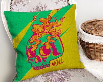 Flaming Skull Fire Pop Art Skeleton - Cushion Cover with or without Pad Inner