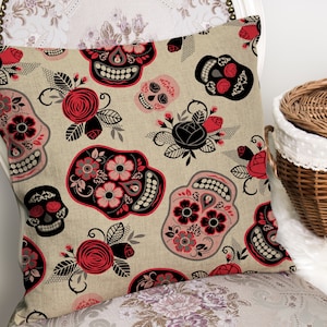 Candy Skull Skeleton Day Of Dead Floral Roses - Cushion Cover with or without Pad Inner