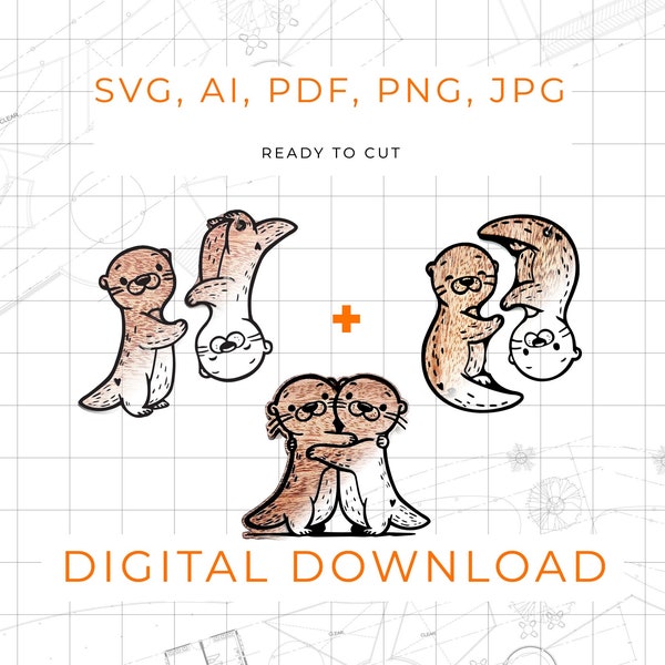 Cute Interlocking Otters x2 + Bonus Charm Digital Pattern - Personal For Use - Illustrator, SVG, PNG, JPG