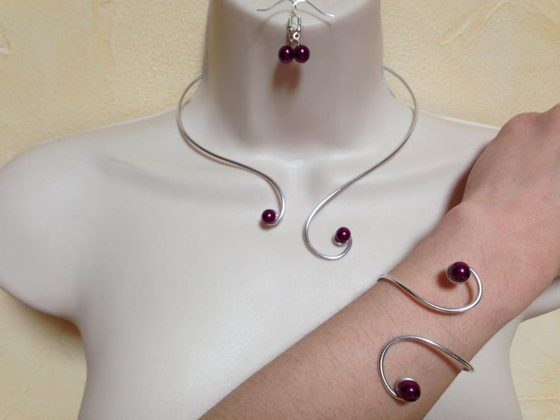 Wedding set violet purple necklace bracelet earrings arabesque aluminum beads Pearly violet purple