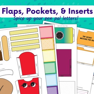 May include: Printable paper crafts for pen pals.  The designs include a fortune cookie, a safe with a combination lock, a folder with a flap, a camera, and a red envelope with a flap.  The text on the image reads "Flaps, Pockets, & Inserts" and "Spice up your pen pal letters!"