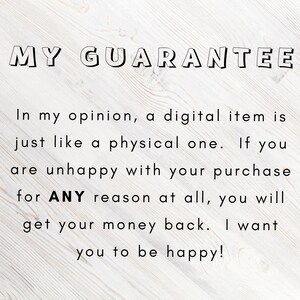 以下が含まれることがあります： 白い木製の背景に、「MY GUARANTEE」と「私の意見では、デジタルアイテムは物理アイテムと同じです。購入に何らかの理由で満足できない場合は、返金いたします。私はあなたが幸せになることを望んでいます！」というテキストが表示されています。