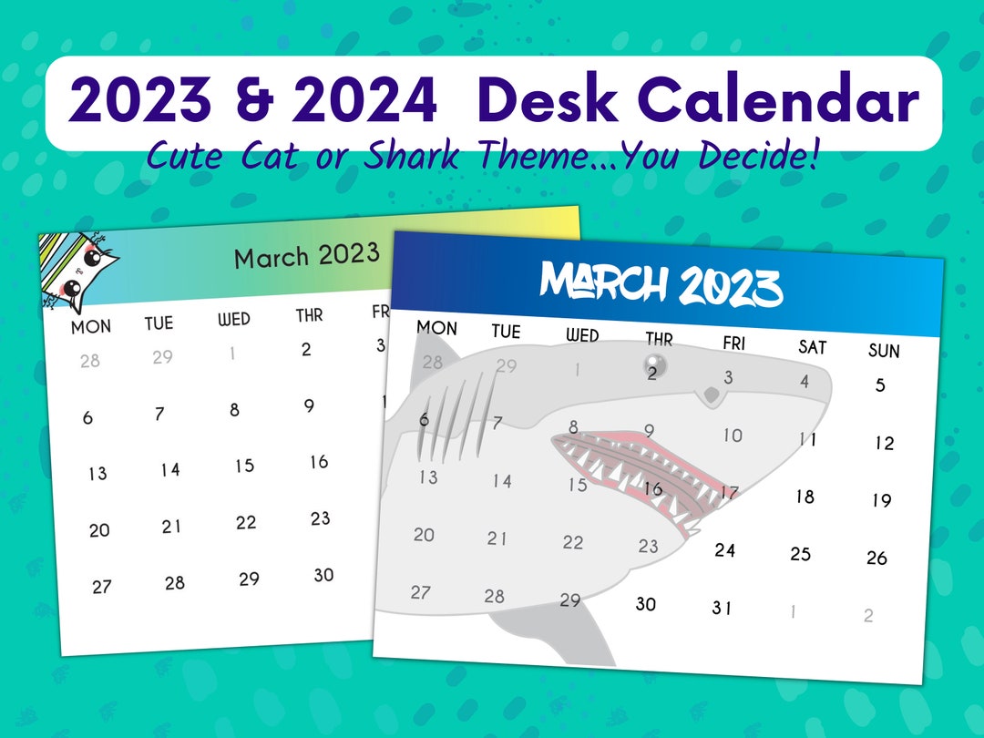 Printable Calendar for Kids Desk Calendar 2023 and 2024 Cat Calendar