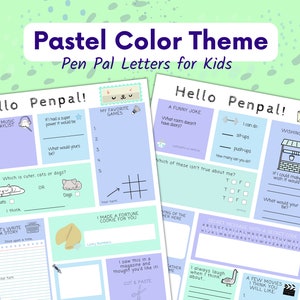 May include: Two printable pen pal letter templates for kids with pastel colors and fun illustrations. The first page has prompts like "My Music Playlist", "If I had a super power it would be", "Which is cuter, cats or dogs?", "Let's write a story", and "I made a fortune cookie for you". The second page has prompts like "A funny joke", "I can do", "Wishing Well", "Which of these isn't true about me?", "Secret message with a secret code", and "A few movies I think you will like".