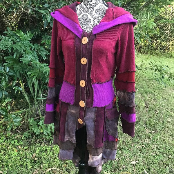 Patchwork pixie coat, upcycled sweater coat, gypsy coat, fairy coat