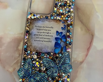 Estuche súper brillante con diseño de mariposas y flores de Swarovski, inspirador, hecho a mano para la mayoría de los teléfonos, funda para iPhone, Samsung Galaxy y Google.