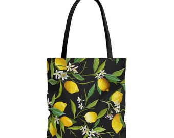 Lemon Tote Bag, Lemon Blossom Bag, Floral Bag, Fruit Bag, Black Tote, Lemon Grocery Bag, Lemon Farmers Market Bag, Lemon Book Bag, Cute Tote
