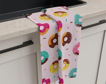 Paño de cocina de microfibra con diseño de donut y chispas / Toalla de cocina rosa claro con diseño de postre