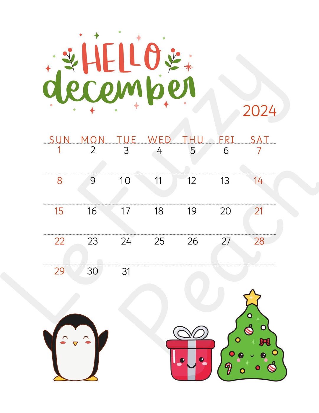 December 2024 Calendar, Printable Dec 2024 Calendar, Kawaii Calendar - Etsy